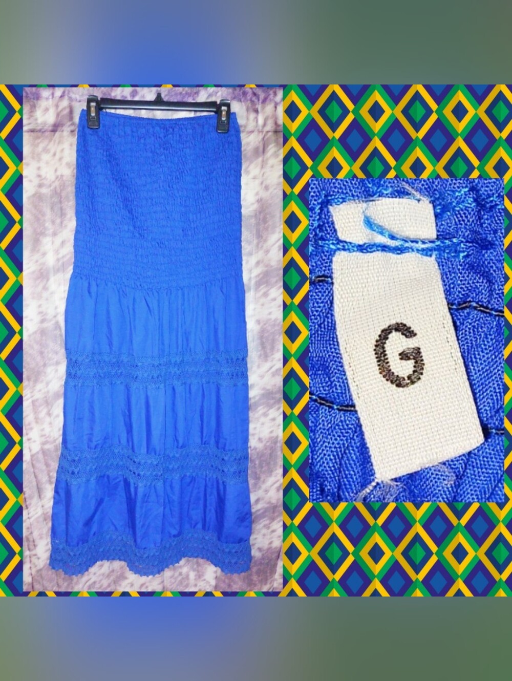 Unbranded Royal Blue Smocked Tube Soft Woven Midi Sundress w/Crochet Trim Sz Lrg